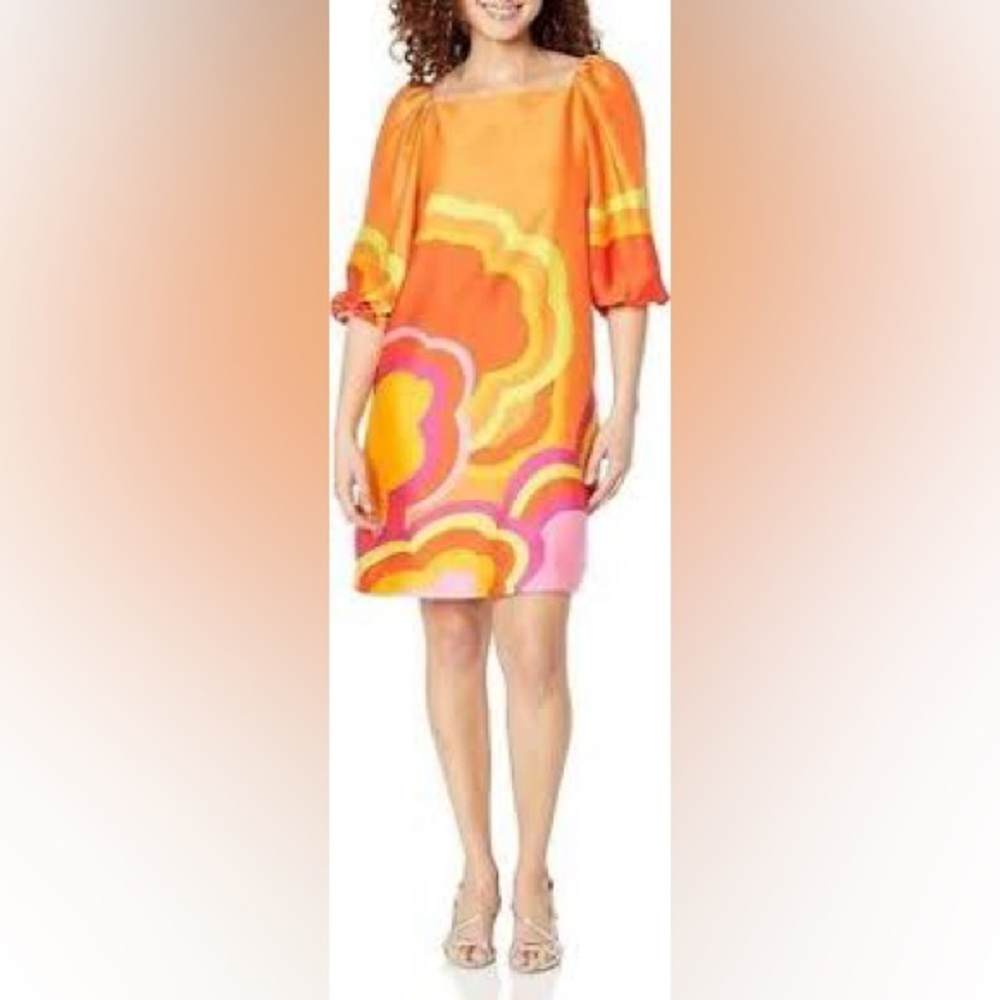 Trina Turk Graphic Relaxed Puff Sleeve Blouse in Orange and Pink - Picture 4 of 10